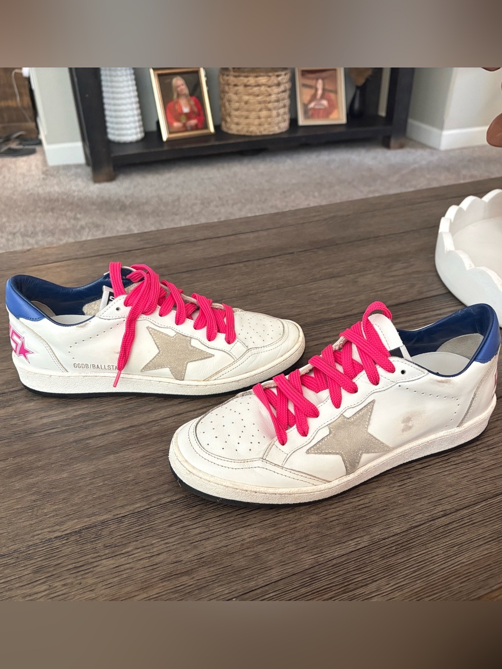 Golden Goose White Leather Sneakers with Pink Laces and Blue Heel